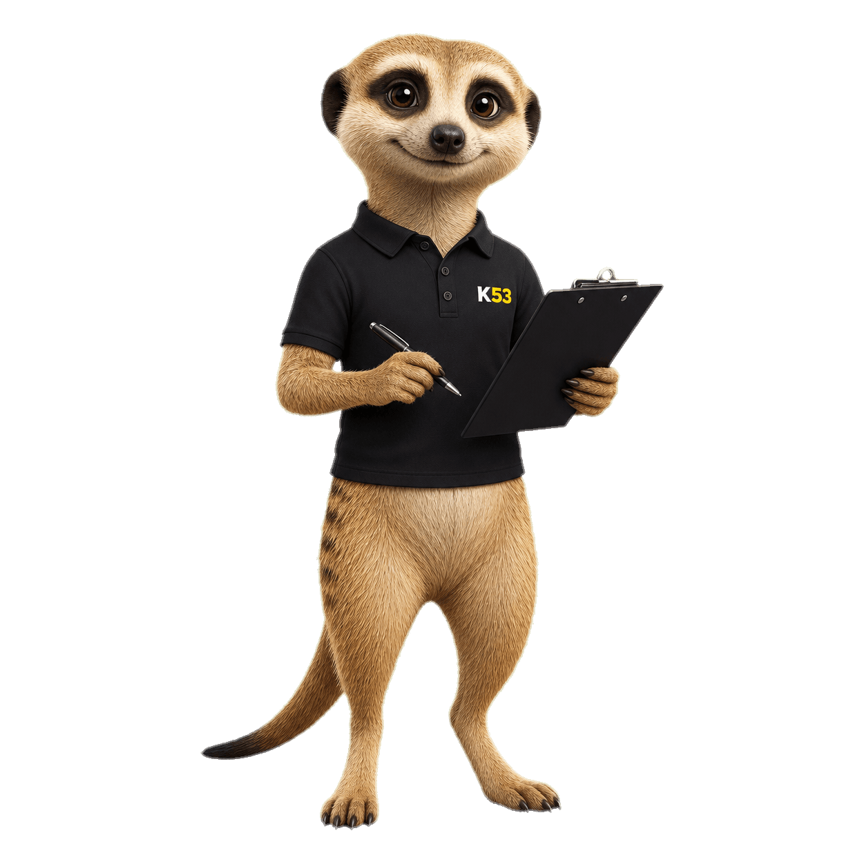 K53SA meerkat mascot holding a clipboard